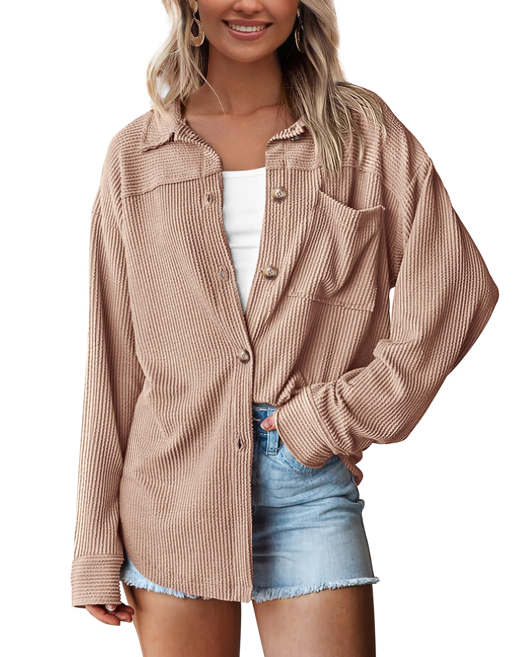 PRETTYGARDEN Women's Textured Oversized Button Down Shirts