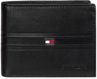 Tommy Hilfiger Men's Stripe Emboss Traveler Wallet, Black, One Size, Black Emboss Stripe, One Size, Two Tone Classic Bifold Wallet - Multiple Card Slots, Id Window, Compact