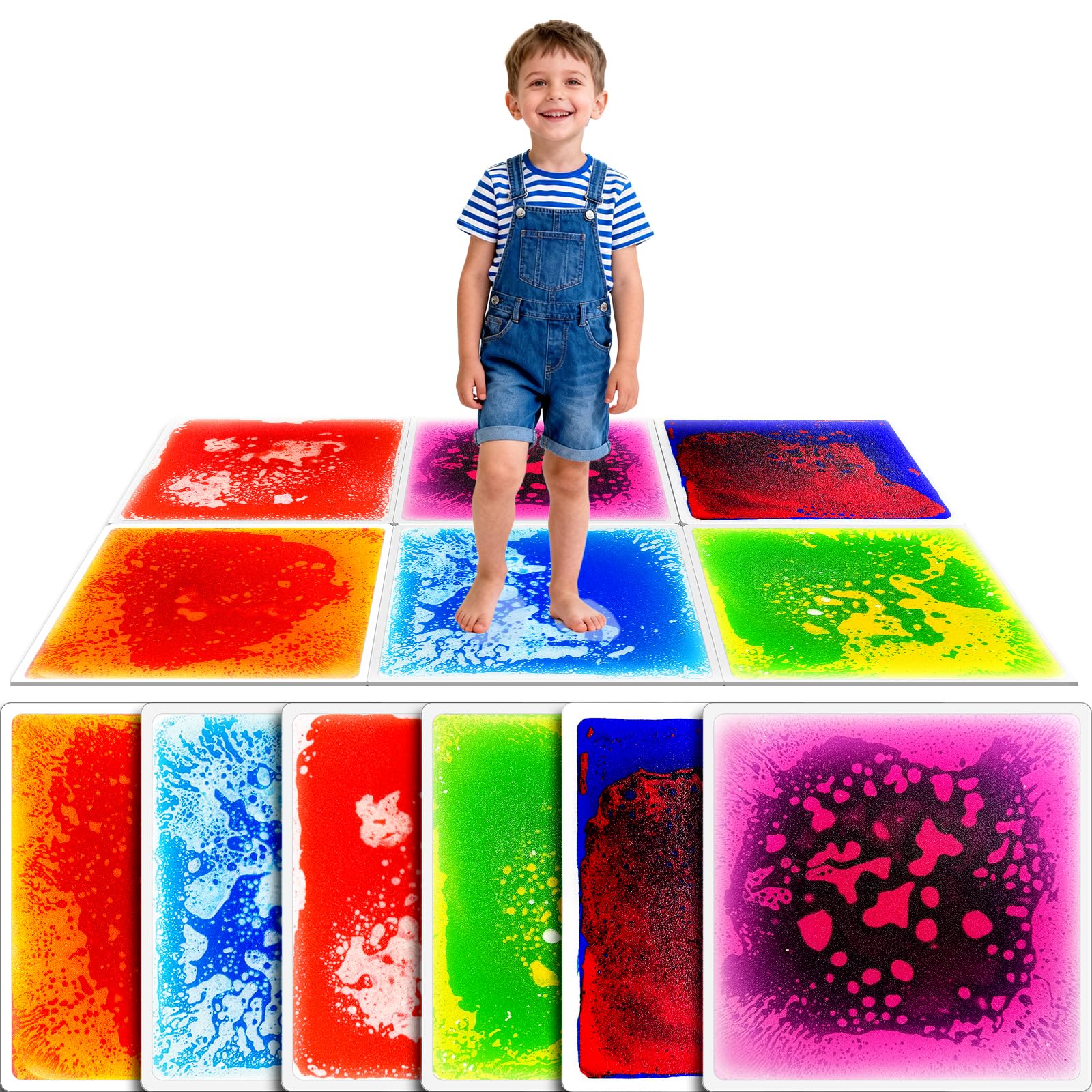 Toddler Sensory Liquid Floor Mats - 6-Piece Puzzle Play Mat Pack 12" x 12" | Squ