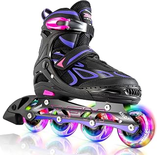 2PM SPORTS Adjustable Inline Skates for Kids, Youth and Adults | Reinforced aluminum frame; lateral support; beginner friendly; triple closure; light-up wheels; 2 non-woven bags