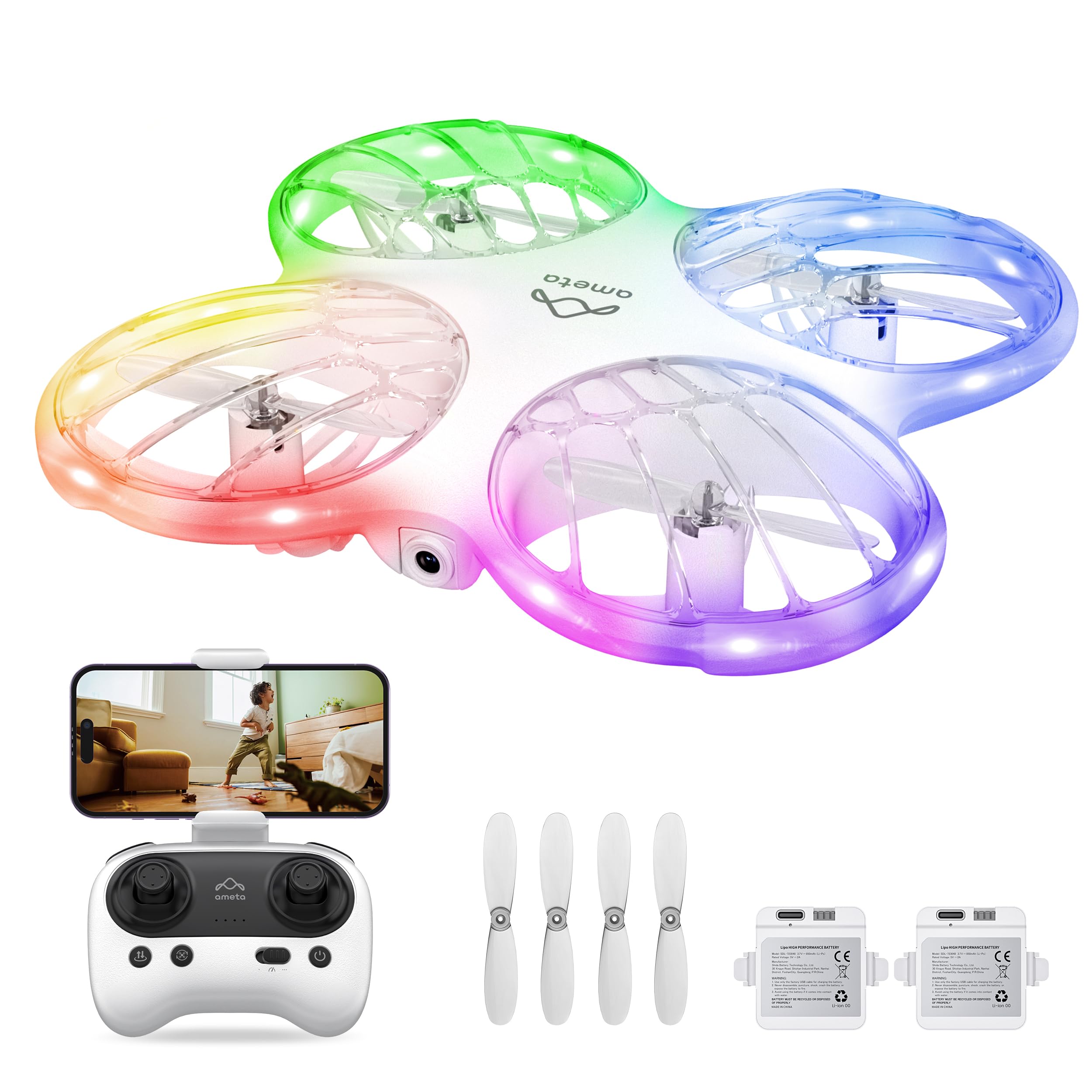 Ameta Morpho 1080P Camera Drone for Kids, RGB Lights, 2 Batteries | Fun STEM Lea