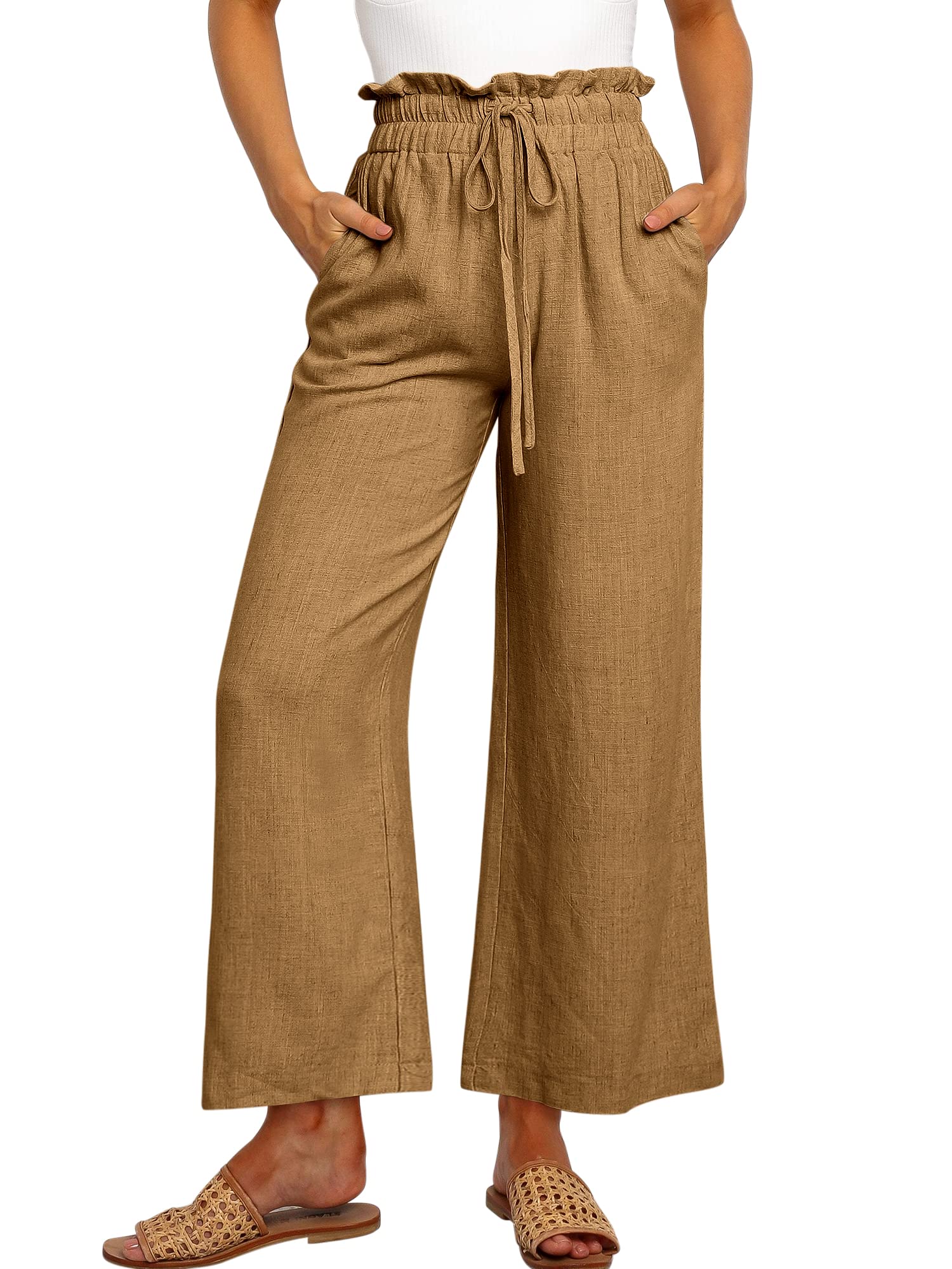 ANRABESS Women Linen Pants Casual Loose High Waist Boho Wide Leg Cropped Palazzo