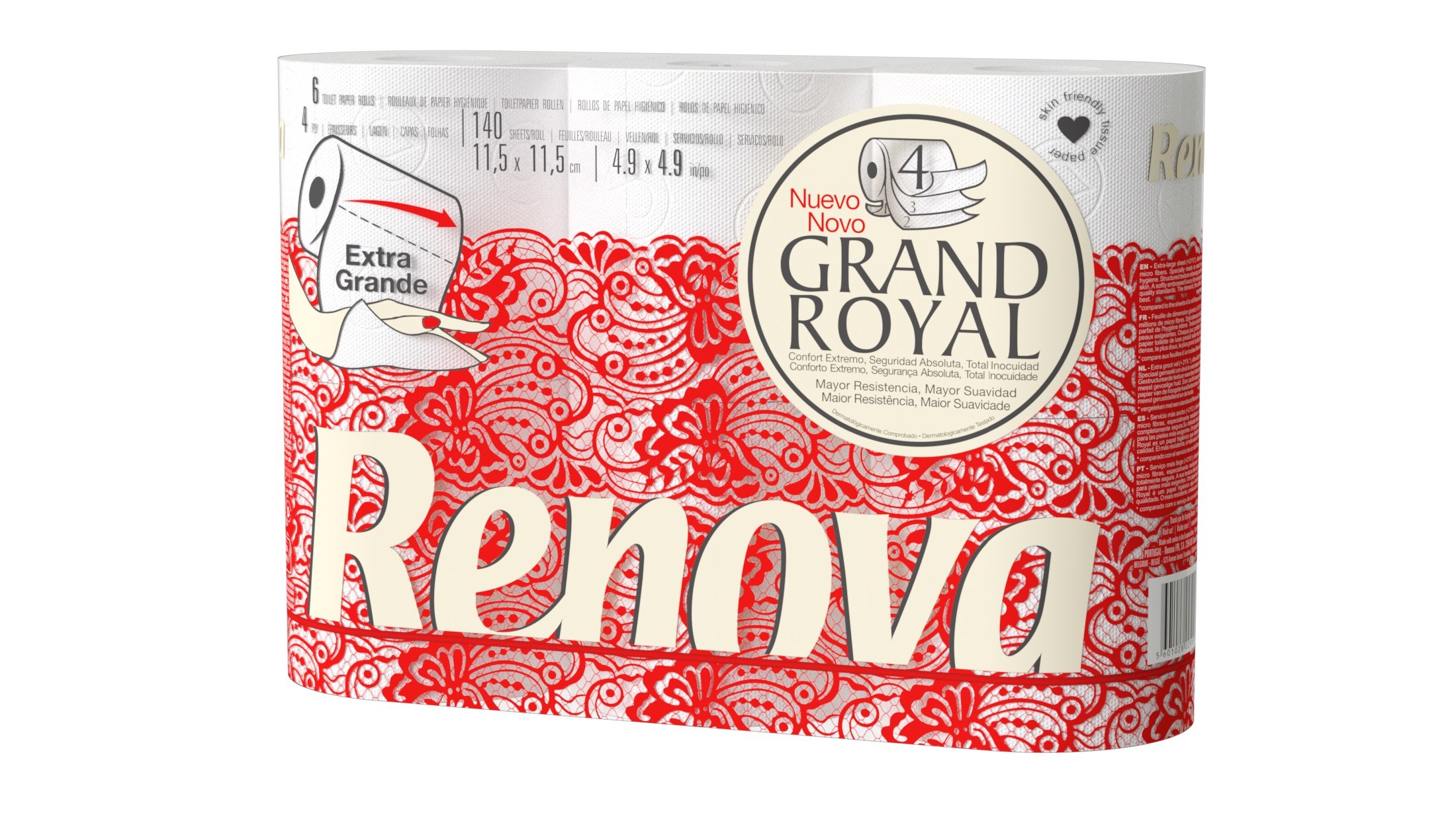 Renova 200105437 Grand Royal Toilet Paper, 6 Rolls, White, White, 16 m