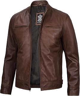 fjackets Mens Leather Jacket - Real Lambskin Cafe Racer Jacket Stand Collar Moto Biker Zip Jacket For Men