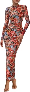 PRETTYGARDEN Maxi abito da donna a maniche lunghe 2025 autunno increspato aderente floreale in rete formale per matrimoni e cocktail party