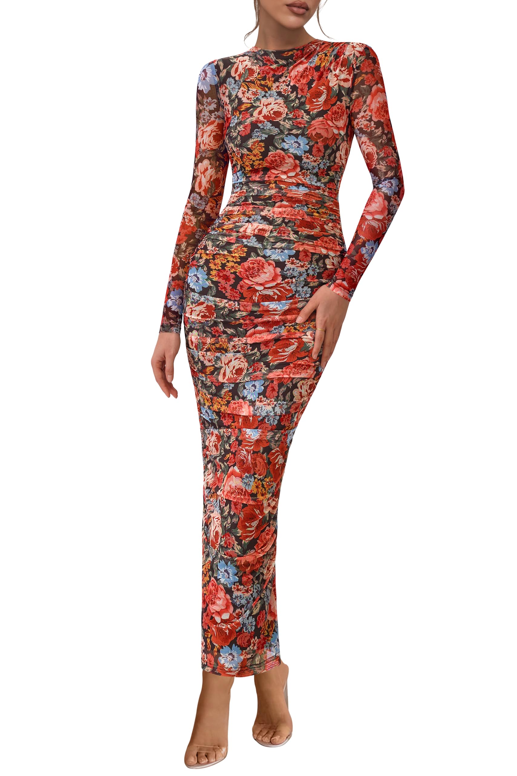 PRETTYGARDEN Maxi abito da donna a maniche lunghe 2025 autunno increspato aderen