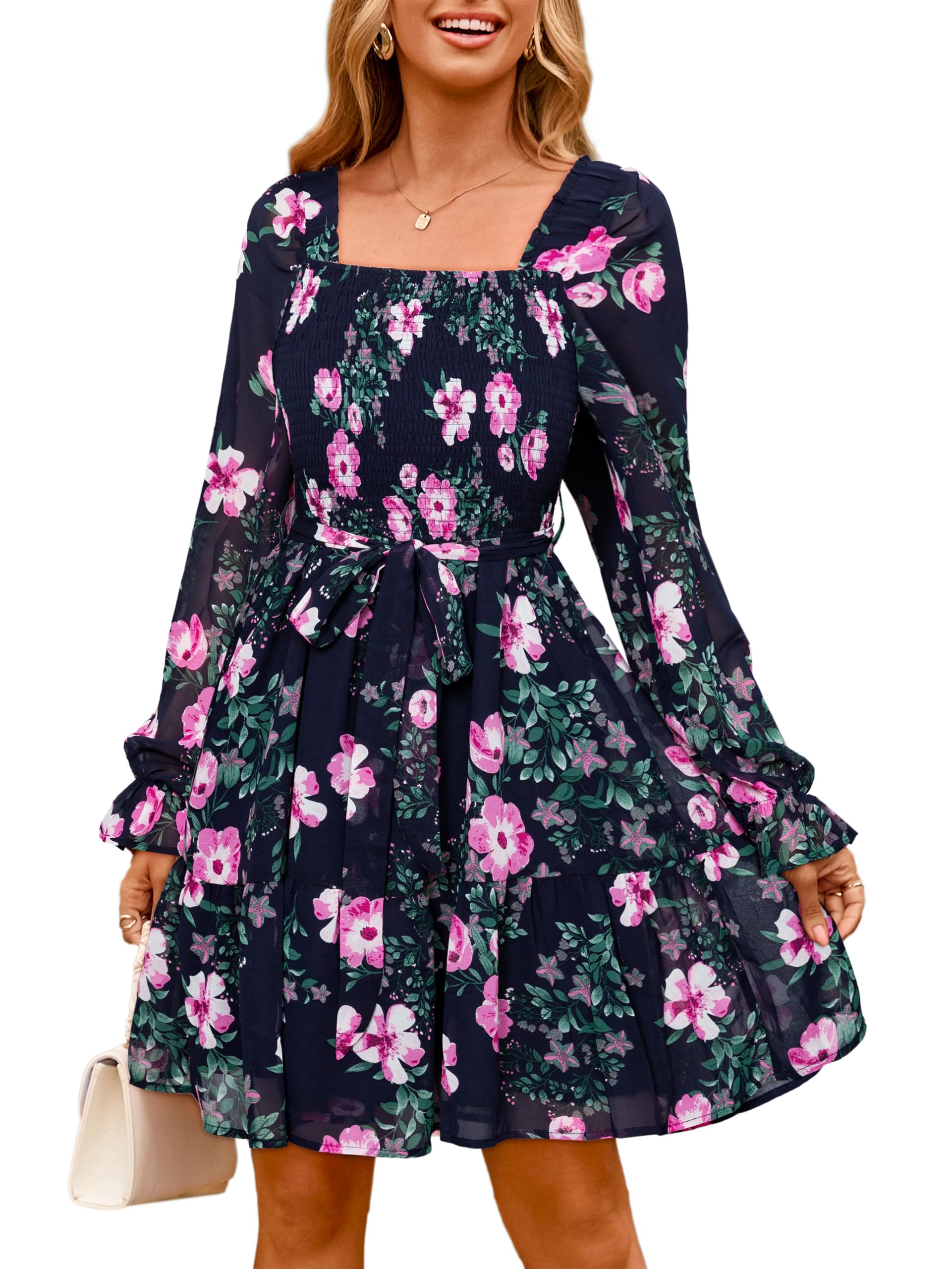 Simplee Womens Floral Long Sleeve Mini Dress Boho Square Neck Smocked A-Line Flo
