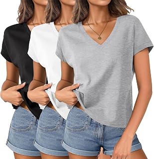 Womens Cotton V Neck Boxy Crop T Shirts Cap Sleeve Tops Loose Fit Tee Short Sleeves Summer Fashion
