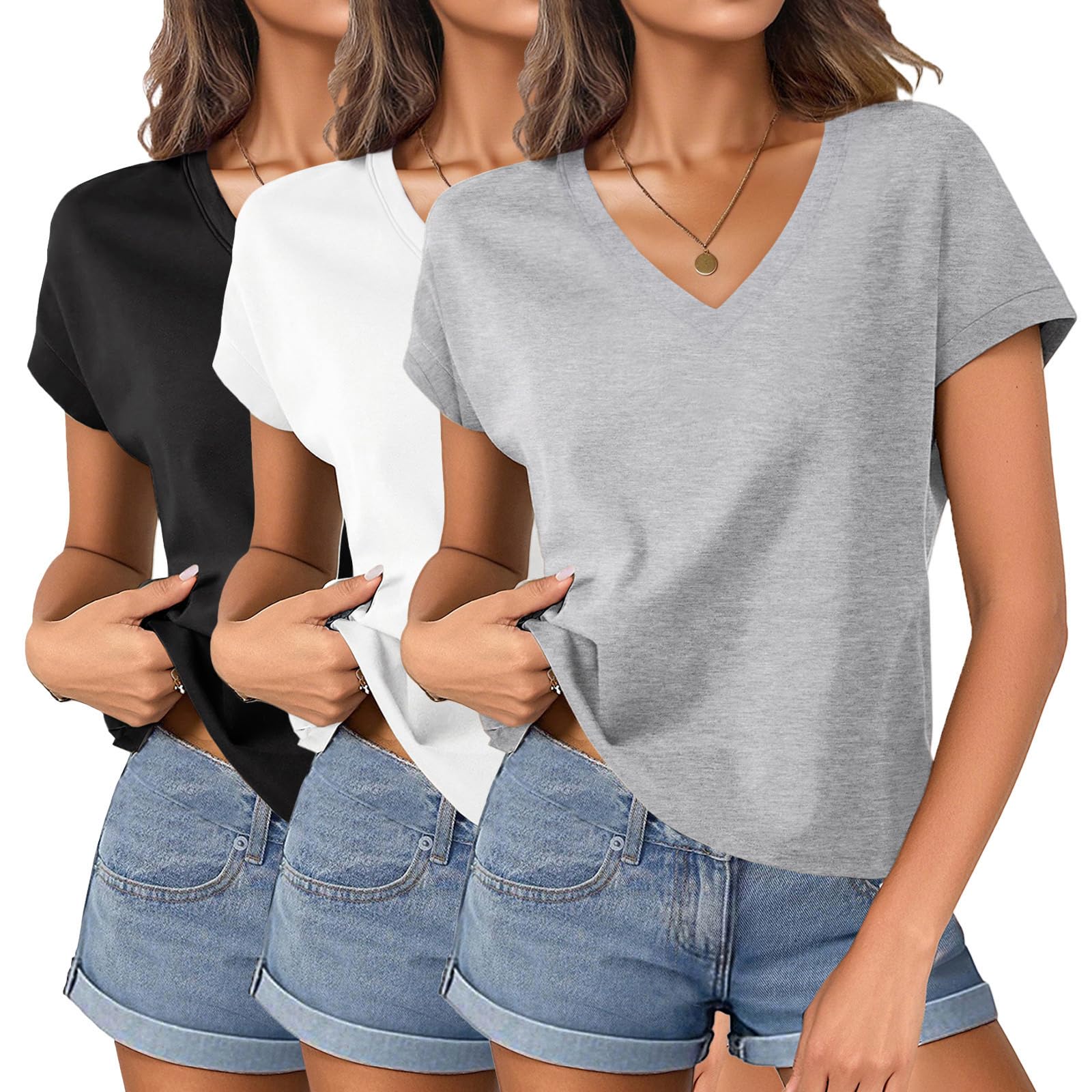 Womens Cotton V Neck Boxy Crop T Shirts Cap Sleeve Tops Loose Fit Tee Short Slee