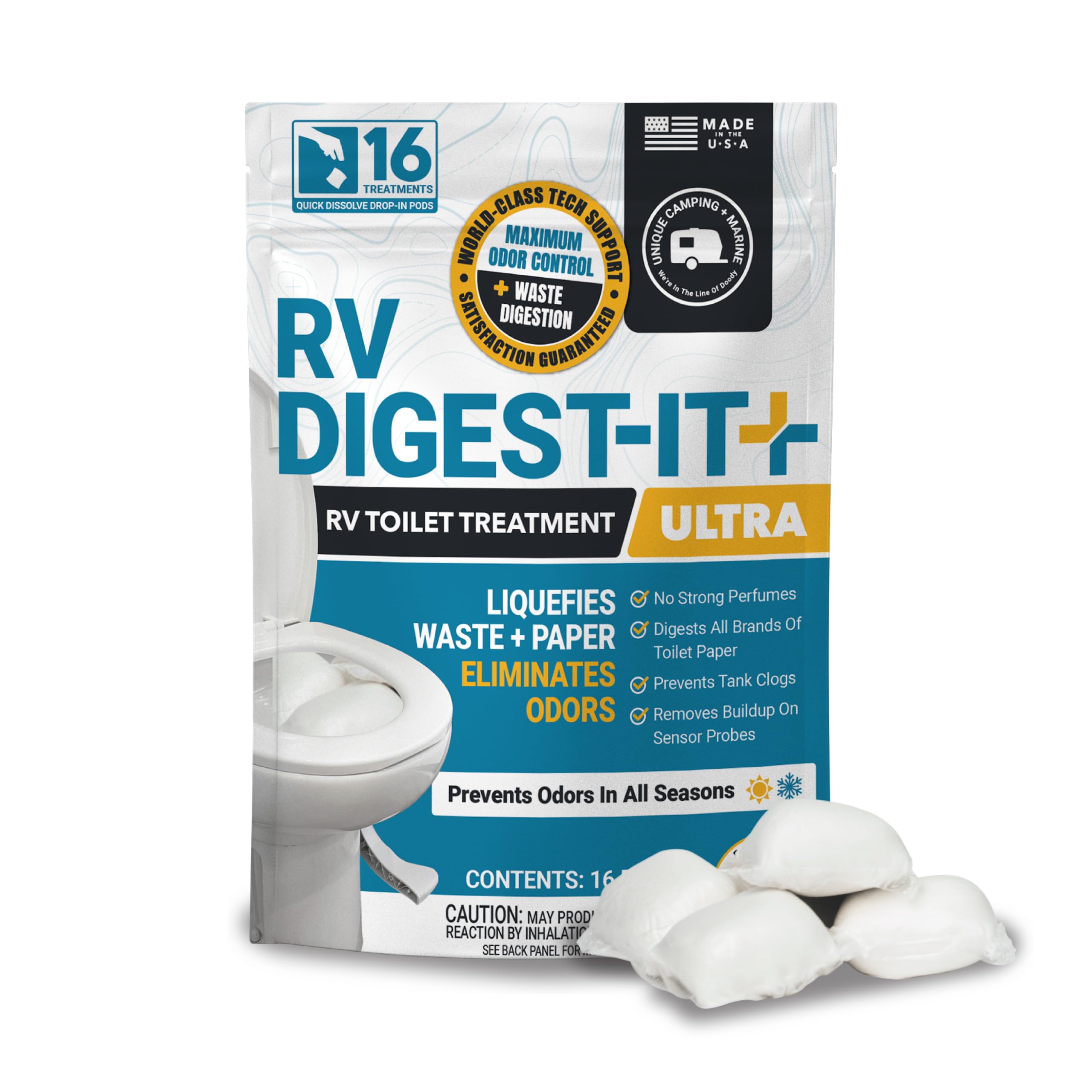 Unique RV Digest-It Ultra Drop-In Pods RV Tank Treatment, 16 Count | Strong odor