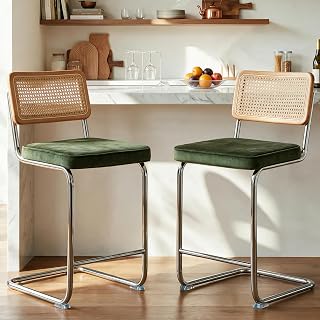 GrandNoor Green Modern Counter Height Bar Stools Set of 2 with Natural Rattan Cane and Solid Wood Backs, 24 Inch Boucle Fabric Upholstery