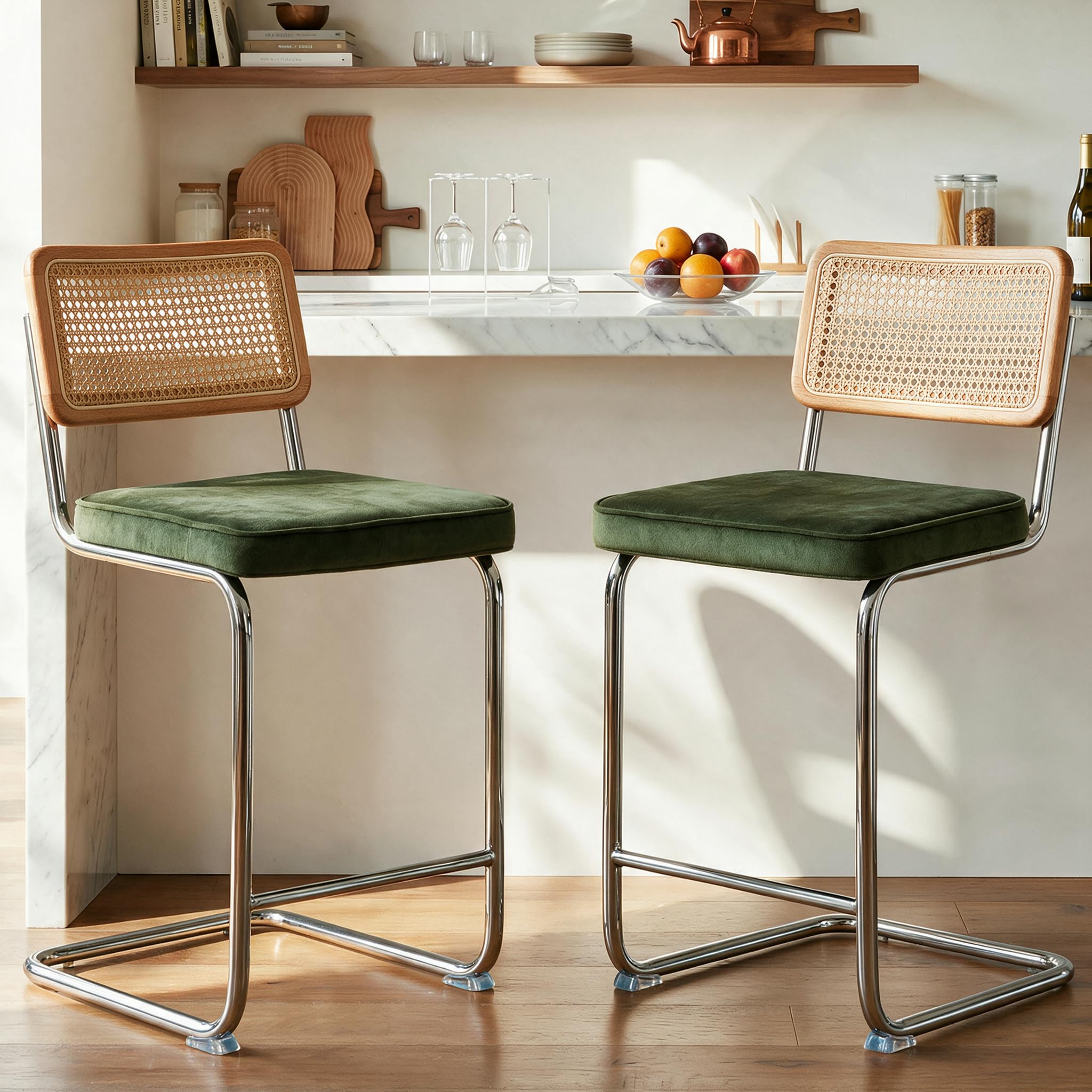 GrandNoor Green Modern Counter Height Bar Stools Set of 2 with Natural Rattan Ca