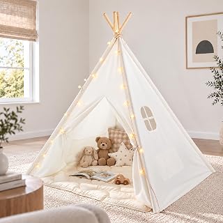 Tiny Land 100% Cotton Canvas Teepee Tent for Kids with Mat & Star Lights | 47" × 47" × 60", Soft & Breathable Cotton Canvas, Mat & Star Lights, Indoor Play, Carry Bag, Gift for Girls & Boys Ages 3+