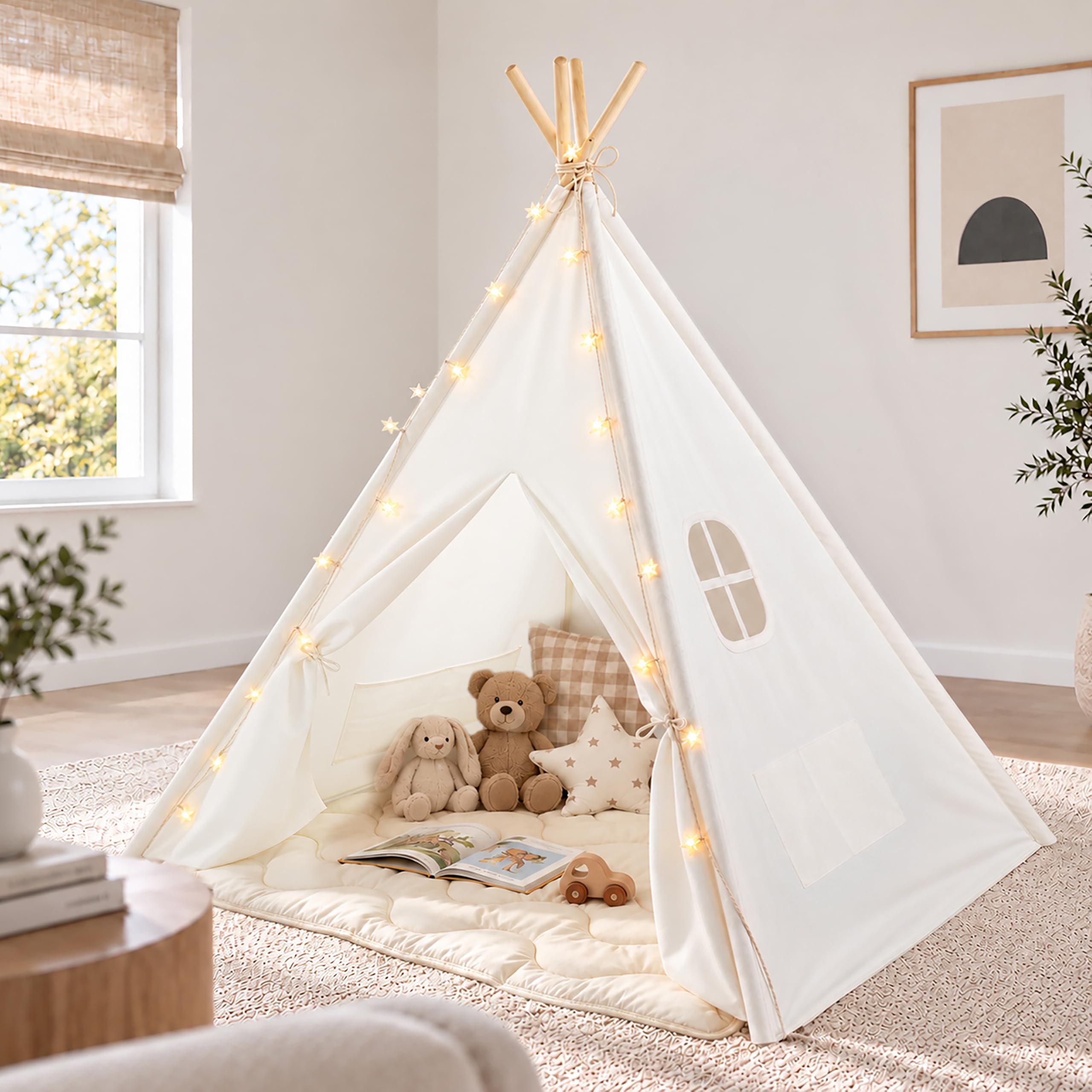 Tiny Land 100% Cotton Canvas Teepee Tent for Kids with Mat & Star Lights | 47" ×