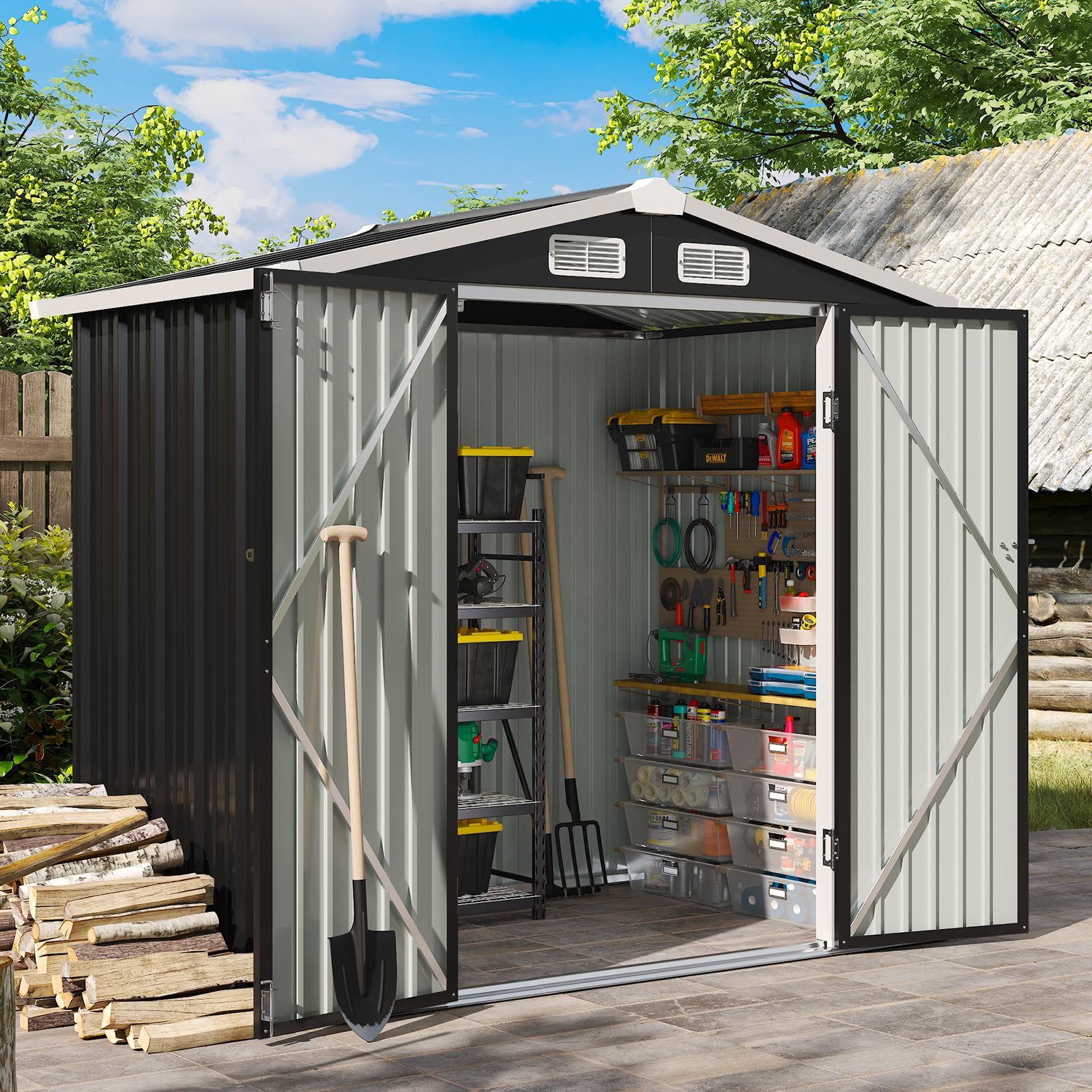 Aoxun 6x4 FT Shed Outdoor Storage Shed, Black | Metal Shed with Lockable Doors &