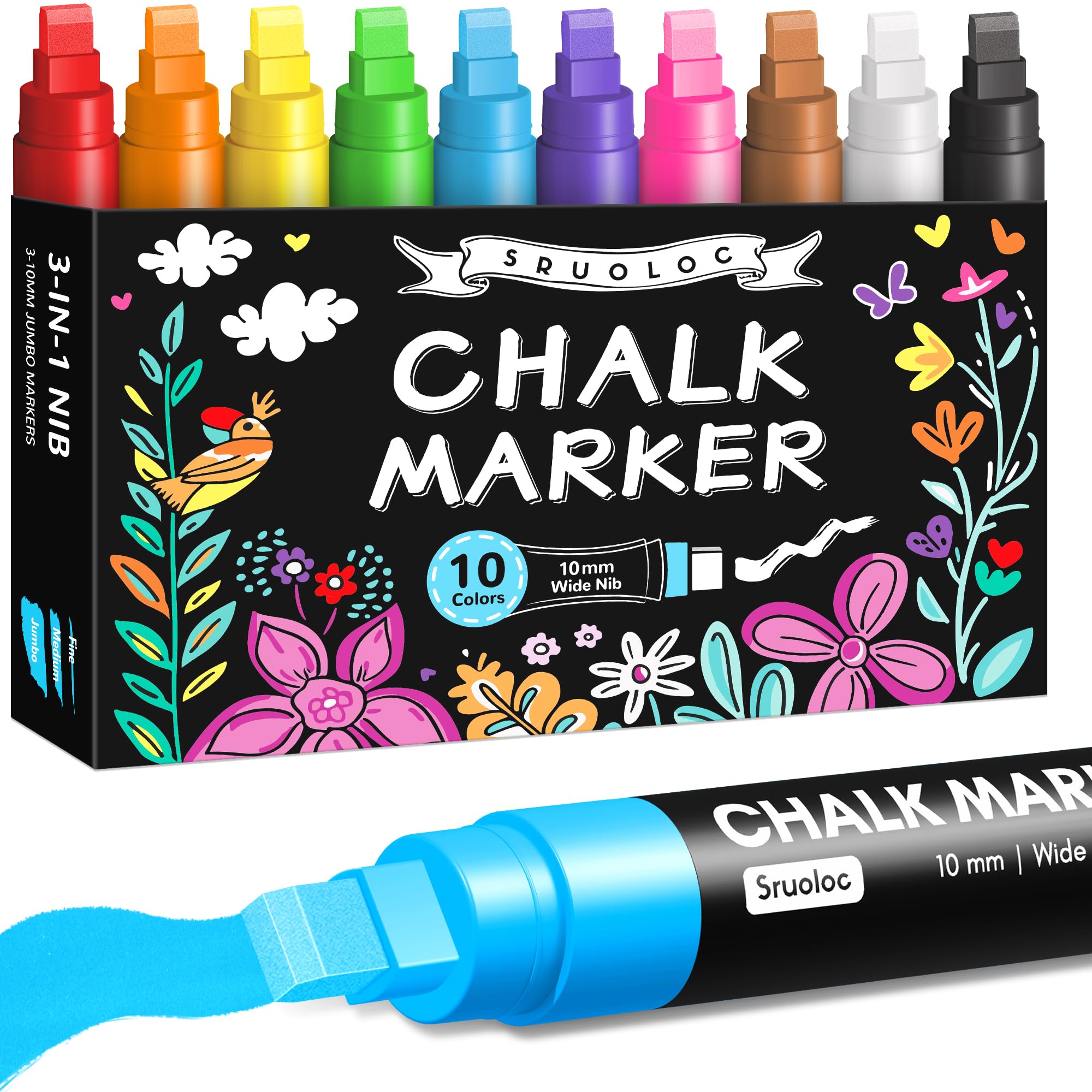Window Chalk Markers for Glass Washable, 10 Colors Jumbo Liquid Chalk Marker wit