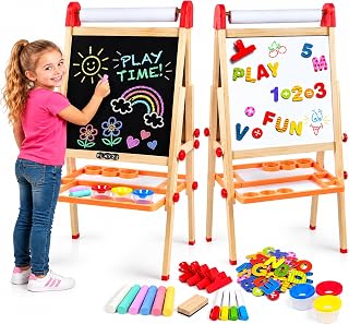 Wooden Art Easel for Kids – Adjustable, Foldable, Chalkboard & Whiteboard | Adjustable Heights for Ages 3-12 – Double-Sided Board, Tool-Free Assembly & Folds Flat for Easy Storage, Includes Paper Roll