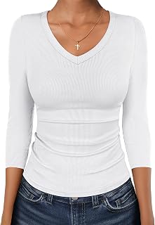 ANRABESS Camisetas de manga 3/4 con cuello en V para mujer, de punto acanalado, ajustadas, básicas, para otoño, casual, ropa de moda