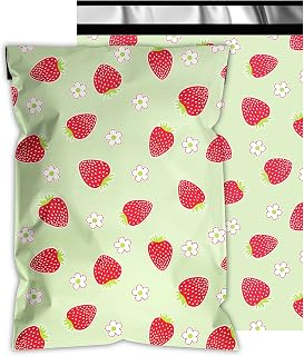 Poly Mailers 10x13 Inch, 25 Pack, Strawberry Self-Seal Shipping Bags | Strawberry floral print, light green background, self-seal closure, lightweight poly, for clothing and boutique orders
