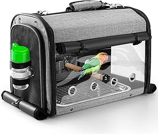 SUERTREE Bird Carrier Bag with Stand, Lightweight Backpack for Parrot | Fully Equipped Cockatiel Travel Cage with Accessories - Grab It & Go, Portable Pet Transparent Breathable Conure Cage, Gray