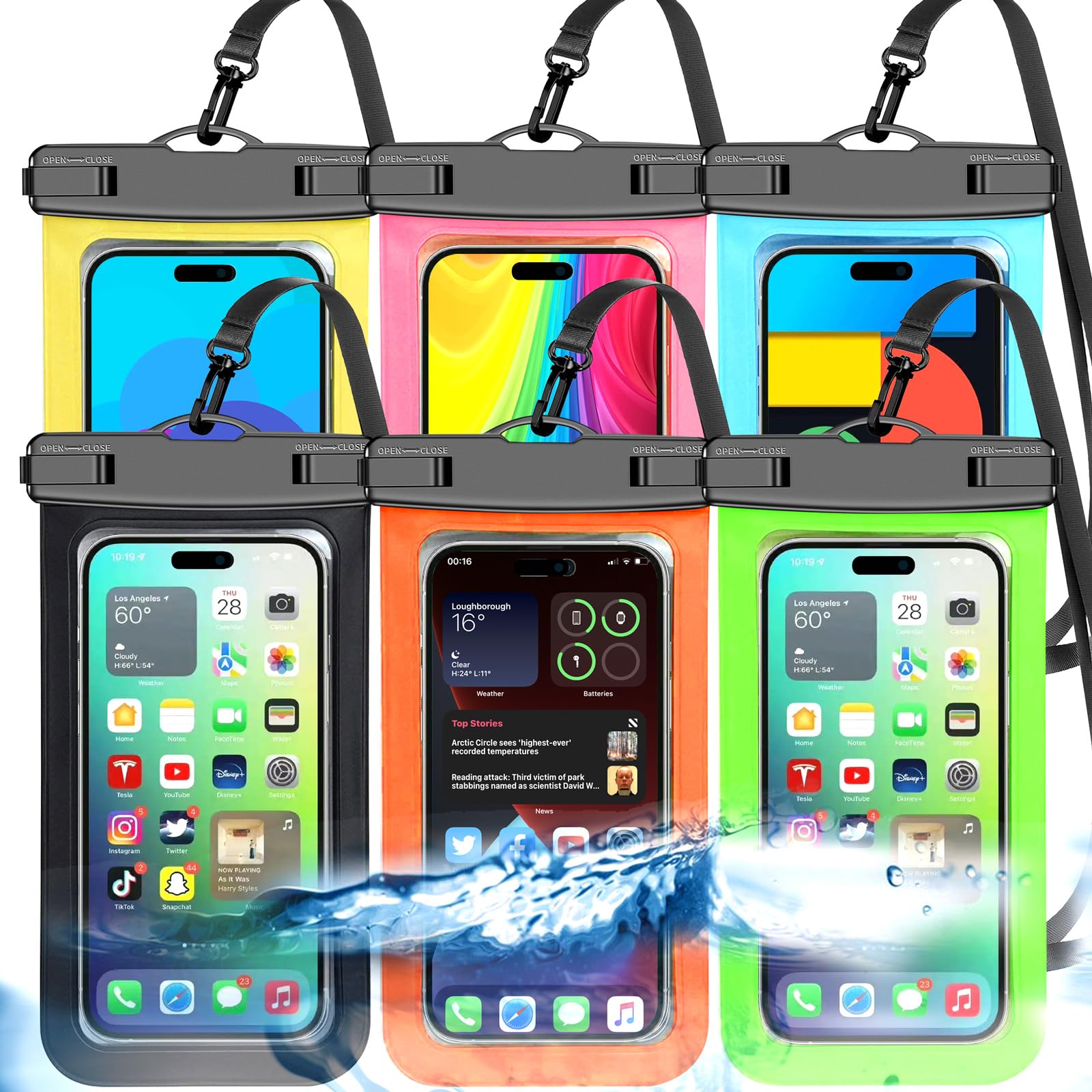 [Fits Up to 8.5"] 6 Pack Multicolor Waterproof Phone Pouch, Cell Phone Case Dry 