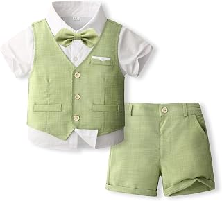 Volunboy Outfits for Baby Boys Wedding Ceremony, Summer Set of Vest, Shirt, Bow Tie, Shorts 4 Pieces