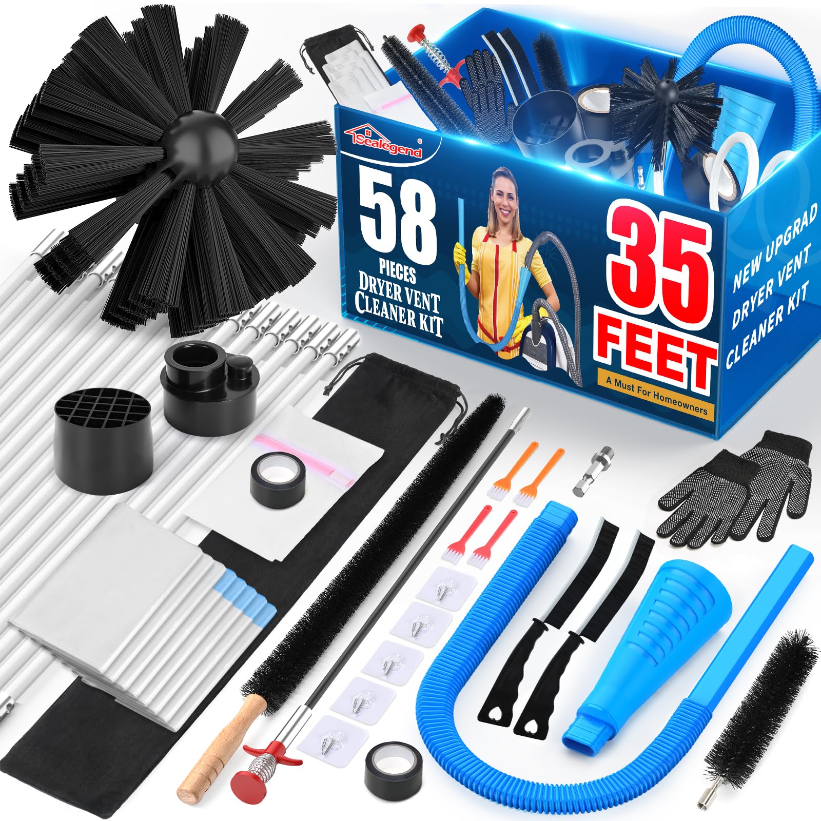 Sealegend 58-Piece Dryer Vent Cleaning Kit Omnidirectional Cleaner Include 35 Fe