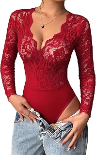 Avidlove Body sexy en dentelle à manches longues pour femme avec décolleté en V profond et boutons-pression à l'entrejambe, rouge vin, Medium
