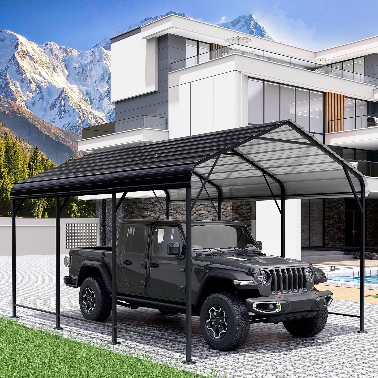LEVELEVE 10x15 FT Heavy-Duty Metal Carport, Galvanized Steel Car Canopy with Rei