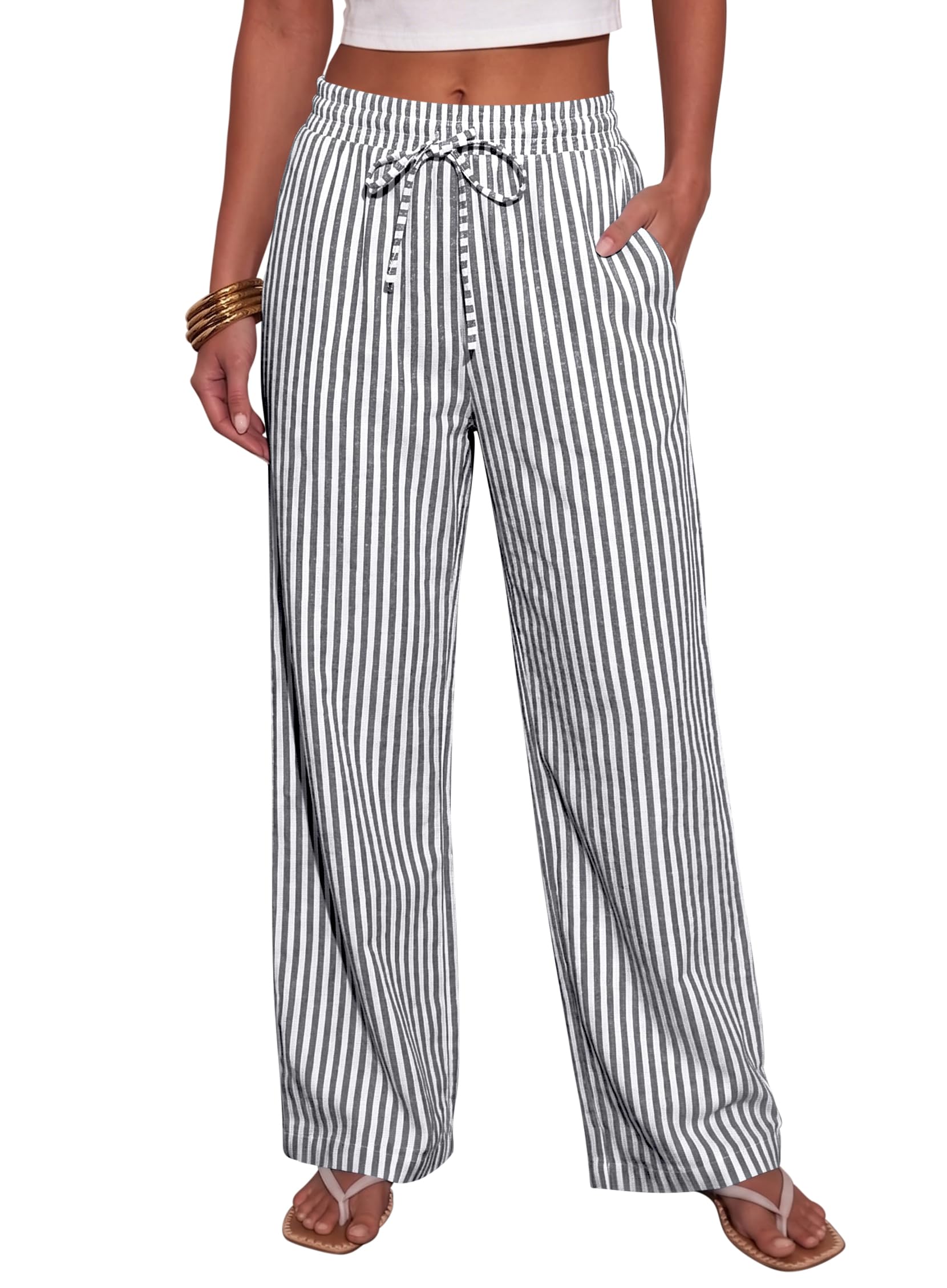NONSAR Women's Striped Cotton Leisure Lightweight Trousers with Pockets