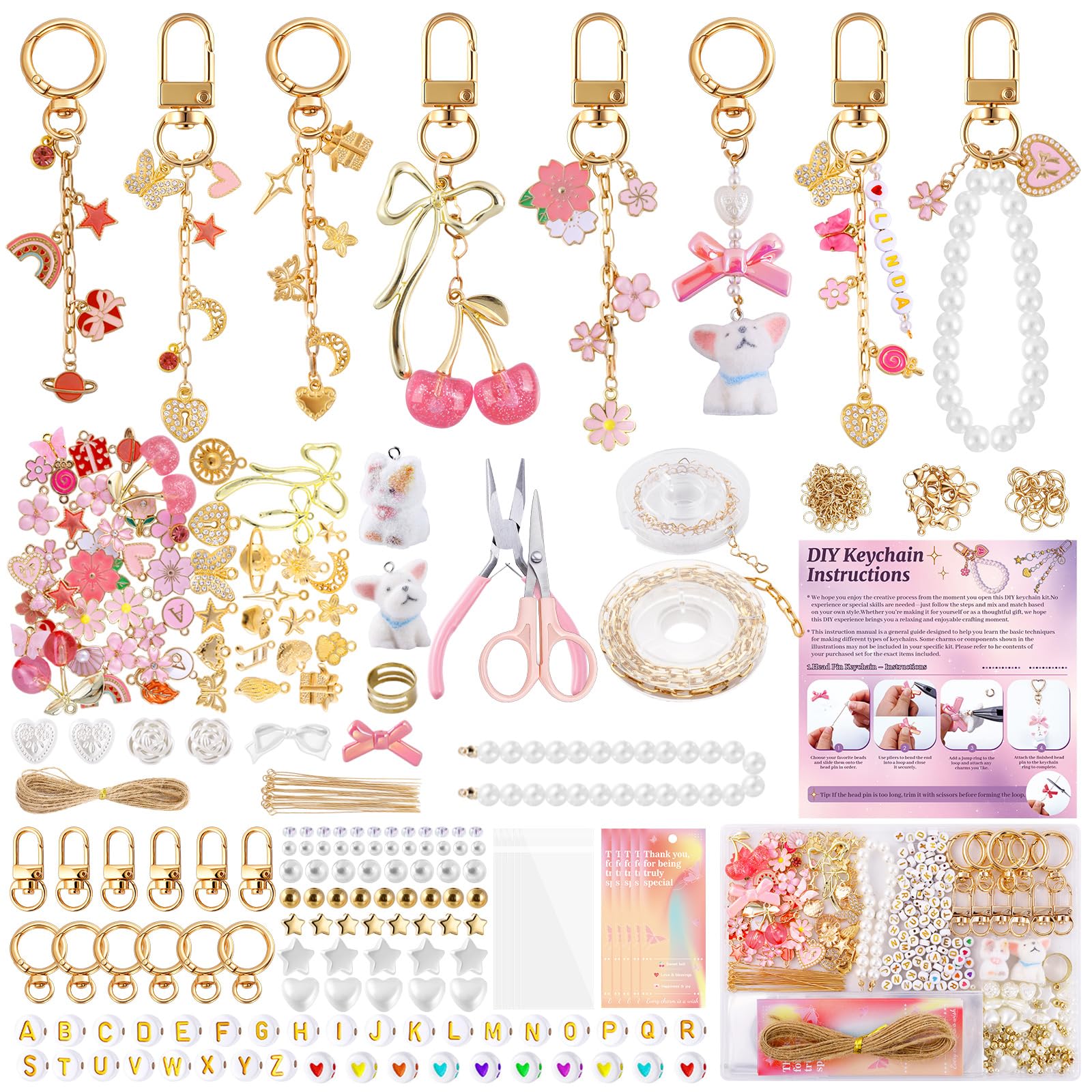 Wurosi Pink 680PCS Keychain Making Kit DIY Crafts, DIY Bag Charm Kit | Includes 