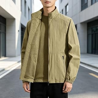 Mens Lightweight Stand Collar Mesh Lined Zip Up Windbreaker Casual Outdoor Coat with Zip Pockets