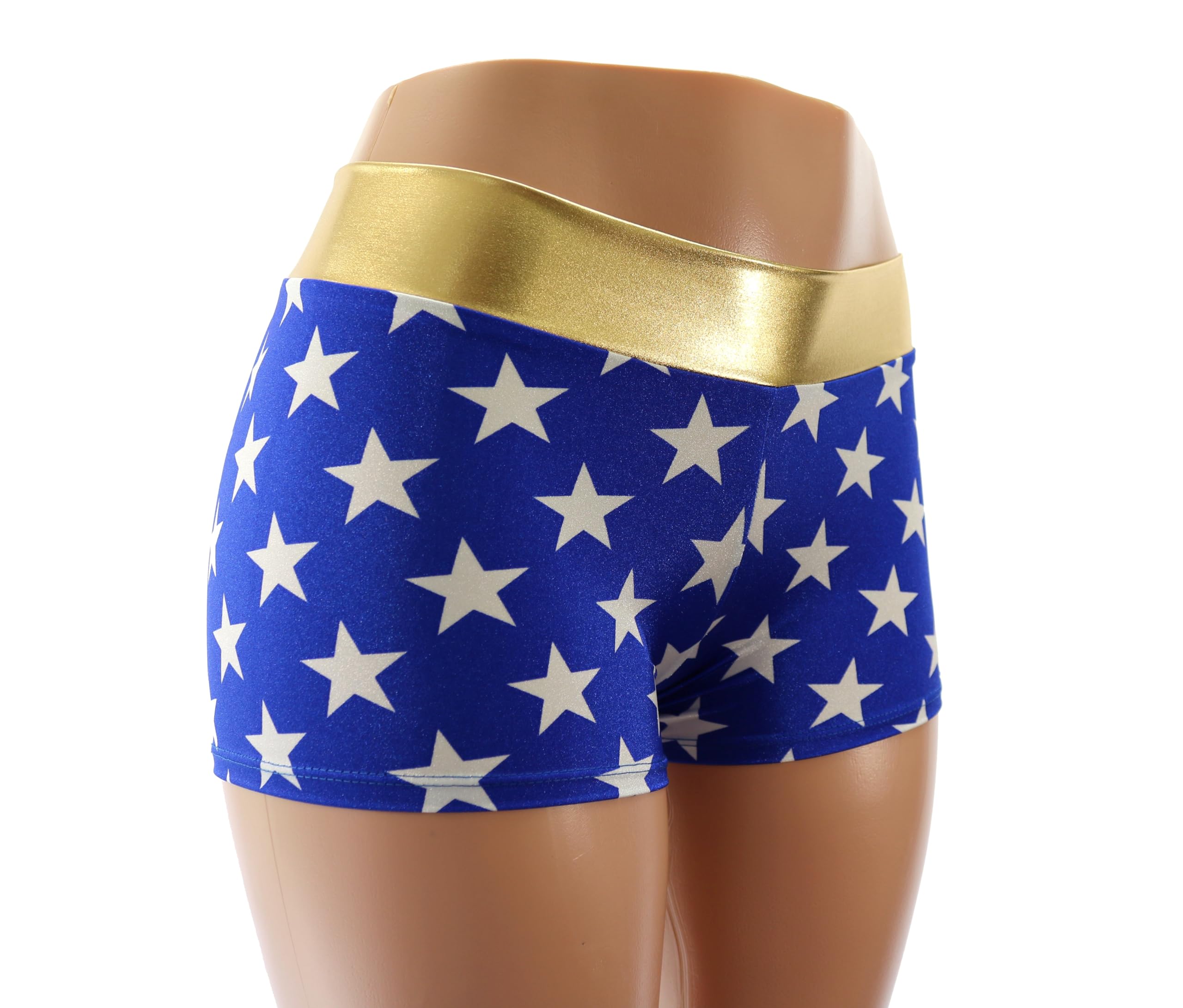 Dilly Duds Royal Blue Star Spandex Booty Shorts - Gold Waistband Mid Rise Full C