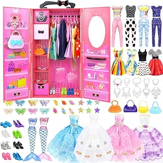 84 Pack Doll Clothes and Accessories with Doll Closet for 11.5 Inch Doll Fashion Design Kit Girl Including Wedding Dress Fashion Dress Outfits Tops and Pants Shoes Hangers Bags Necklaces