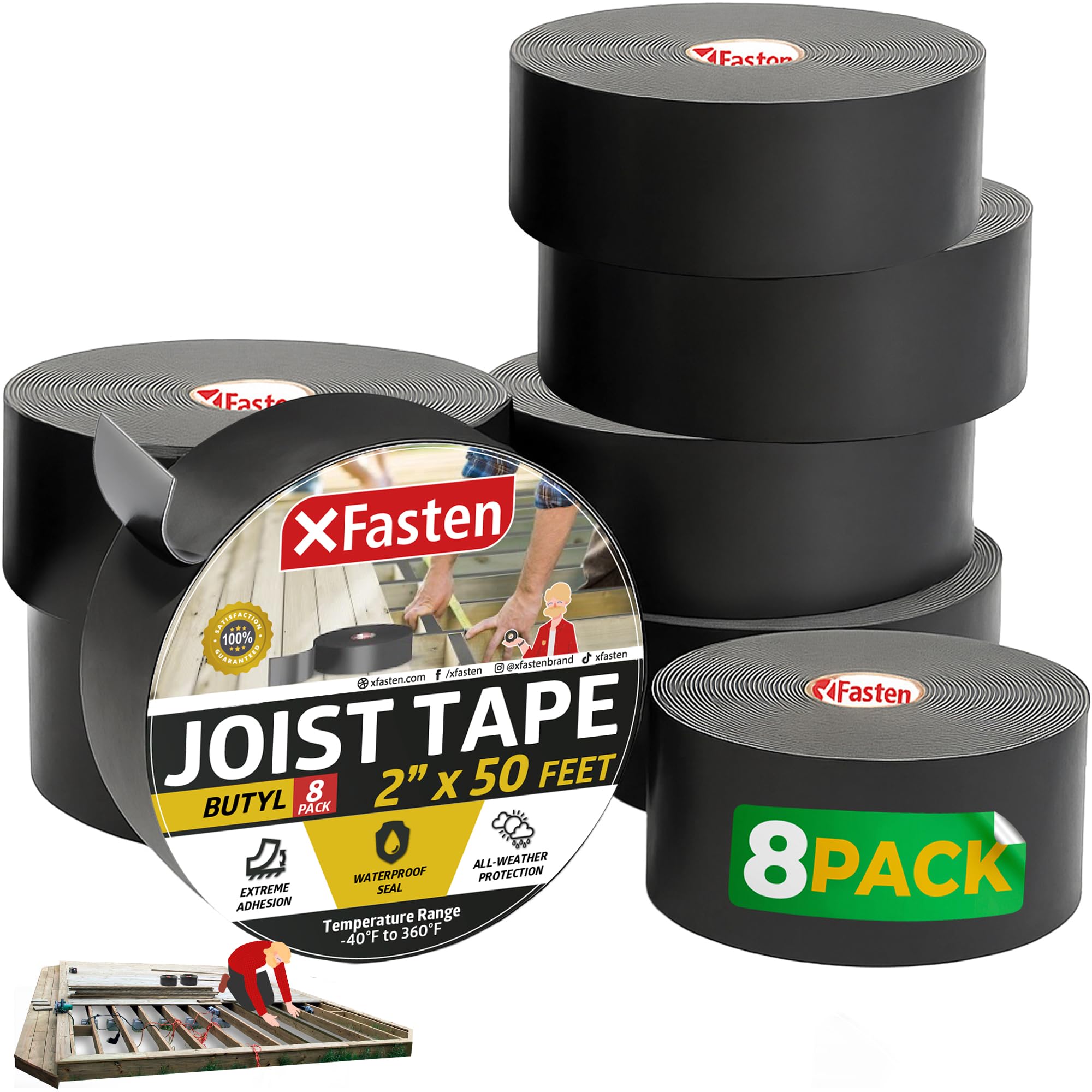 XFasten Butyl Joist Tape for Decking, 2 Inch x 50 Feet (8-Pack), Professional Bu
