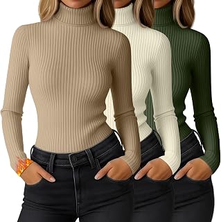 Ficerd 3 Pack Women's Ribbed Thermal Turtleneck Long Sleeve Tops