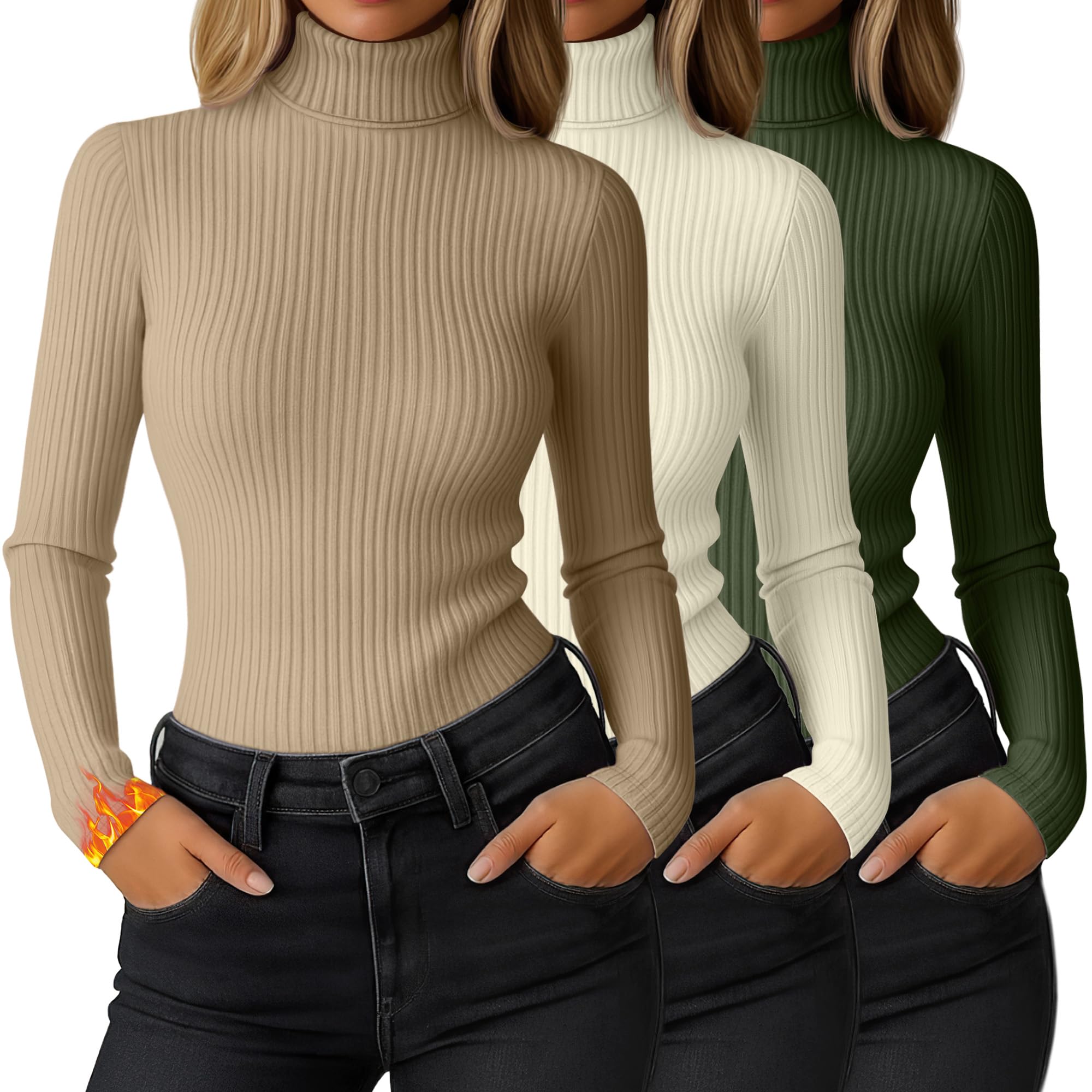 Ficerd 3 Pack Women's Ribbed Thermal Turtleneck Long Sleeve Tops
