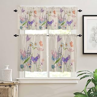 YOKOU 3 Piece Curtains Tiers and Valances Set, Floral Print Butterfly Watercolor Flower Spring Summer Farm Rod Pocket Short Window Treatment Tiers Curtains Panel and Valance for Cafe Bathroom Kitchen