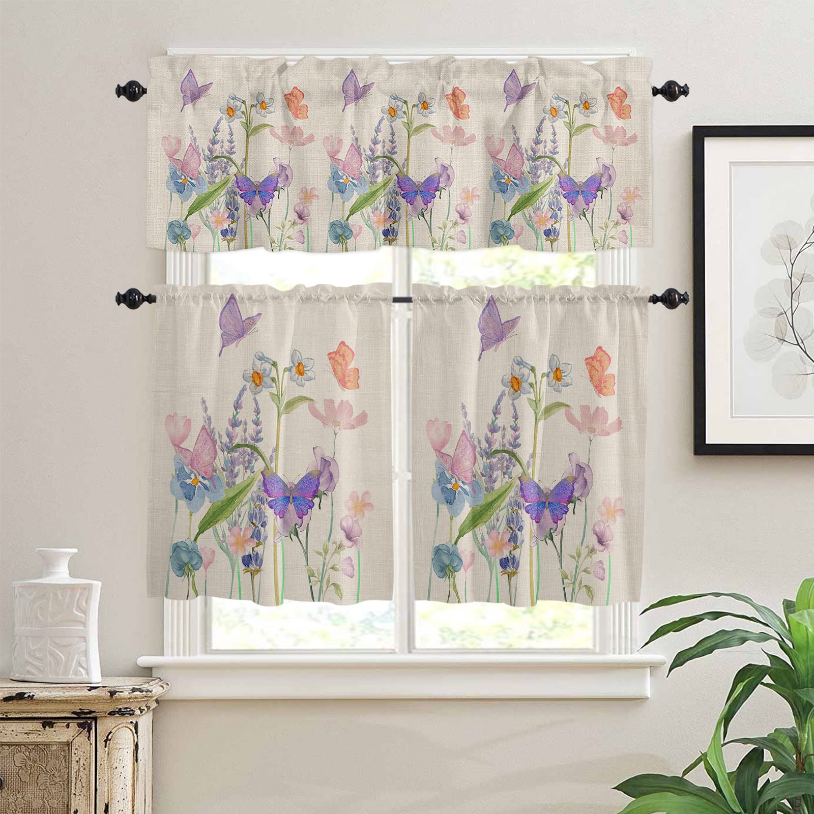 YOKOU 3 Piece Curtains Tiers and Valances Set, Floral Print Butterfly Watercolor