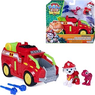 Paw Patrol The Dino Movie Marshall Dino Rescue Firetruck Toy Vehicle | 8-Inch Dino Toy Truck, 360-Degree Projectile Launcher, Marshall & Rhubarb Action Figures, Kids Toys for Boys & Girls 3+