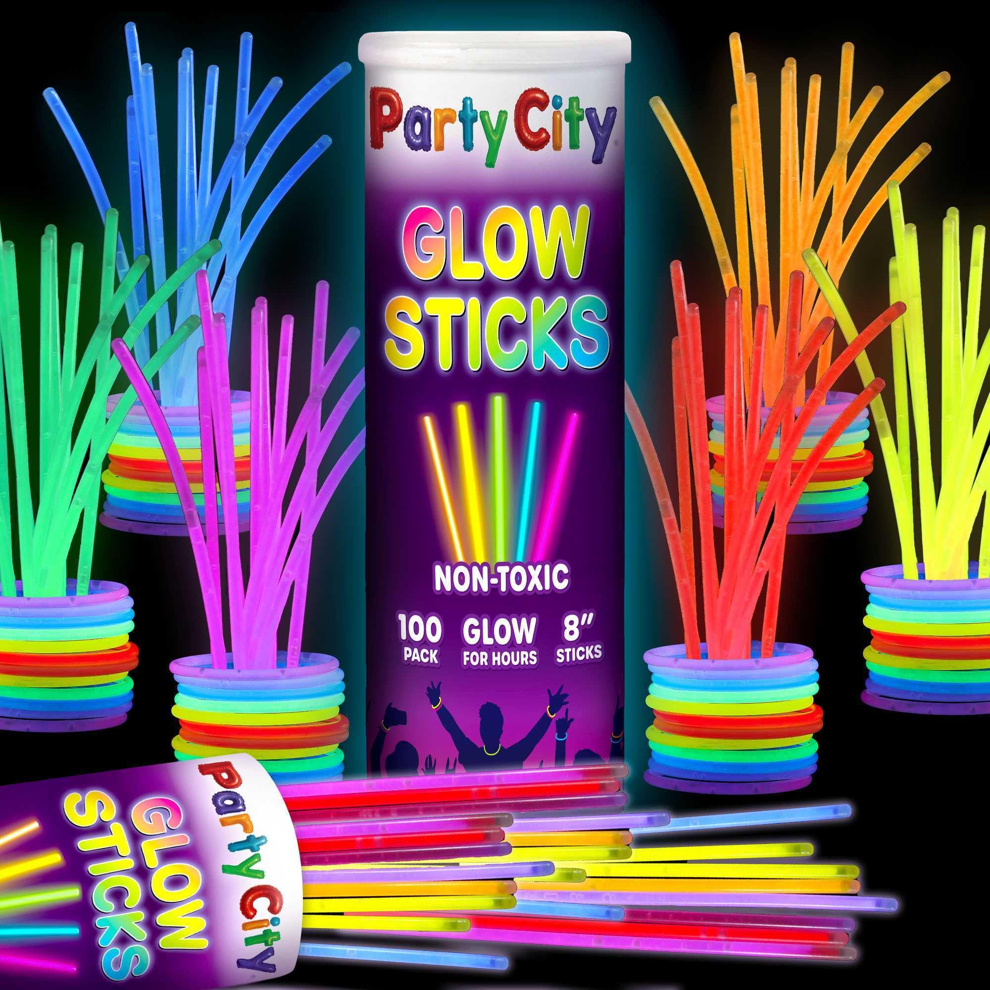 Party City 100 Glow Sticks Bulk Party Pack 8”– Neon Glow in the Dark Party Suppl