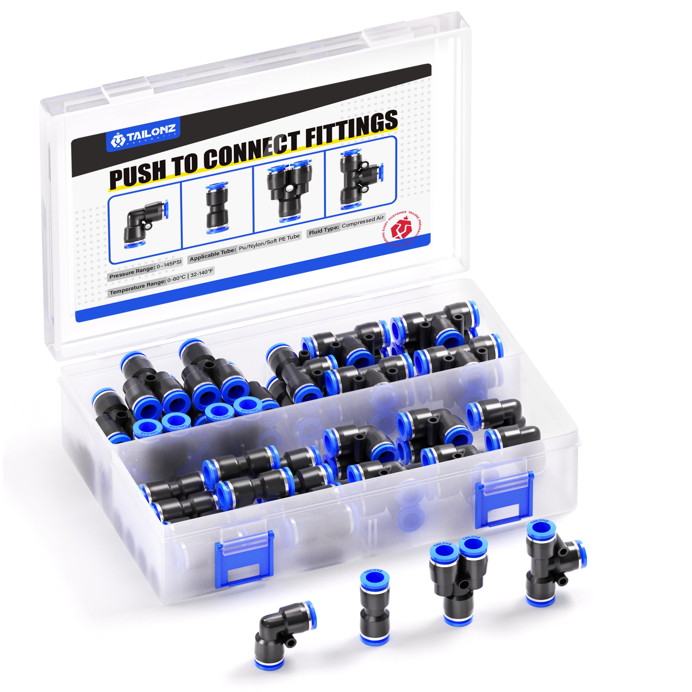 TAILONZ 1/4" Push to Connect Fittings Splitters+Elbows+Tees+Straight 40Pcs | Pla