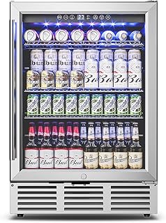 Feelfunn 24 Inch Beverage Refrigerator Under Counter,180 Cans,Silver | 37-65°F,Glass Door,Safety Lock,<40dB,Built-in or Freestanding Beverage Fridge for Beer Wine Soda in Home Kitchen or Bar