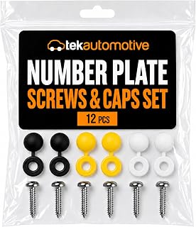 Tek Automotive Number Plate Screws and Caps Kit, 12 Pcs | Black White Yellow Screw Caps, Self Tapping Screws
