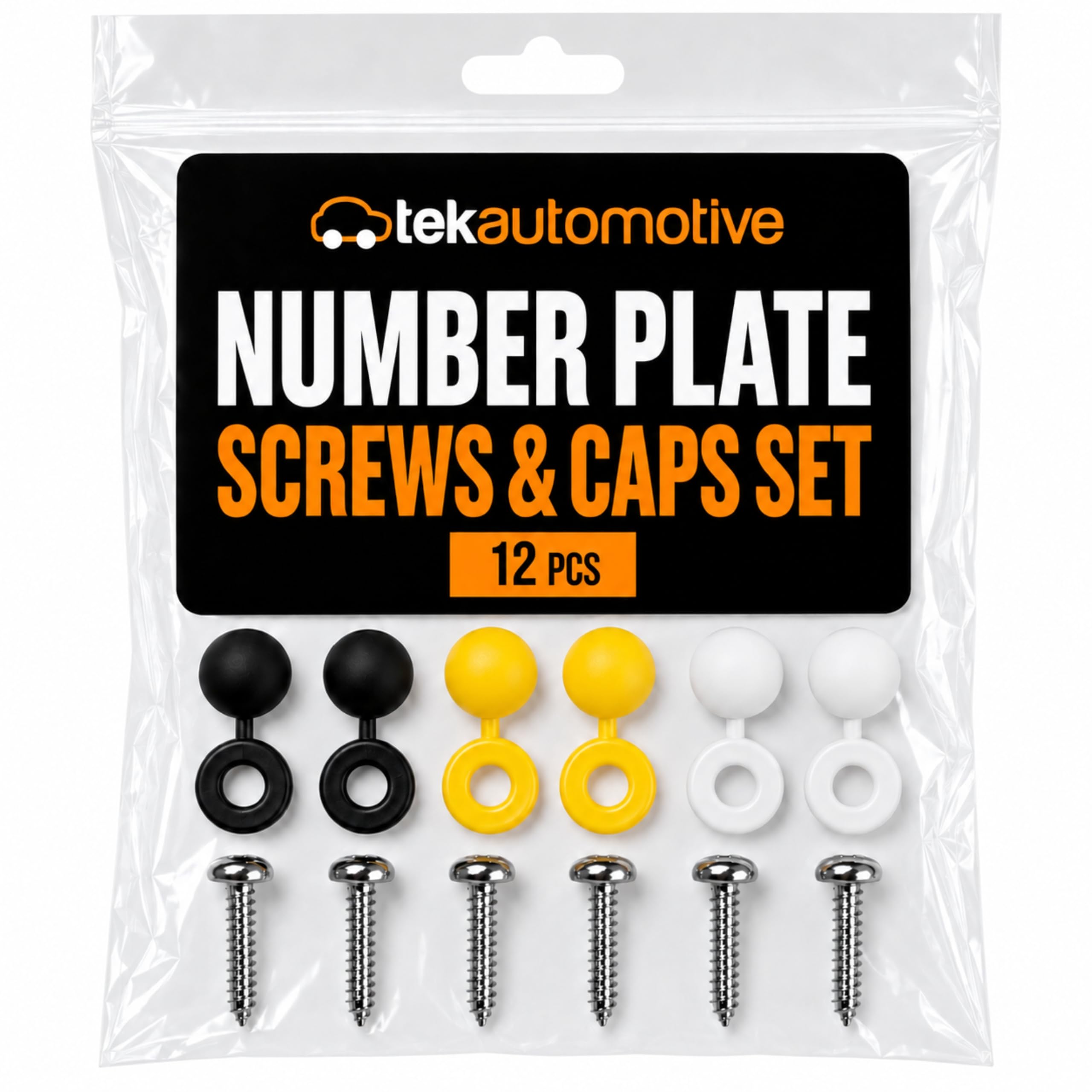 Tek Automotive Number Plate Screws and Caps Kit, 12 Pcs | Black White Yellow Scr