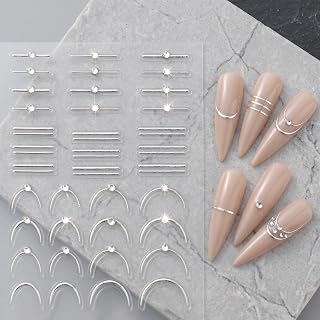 Rhinestone French Line Nail Art Sticker Curve Crystal Stripe Manicure Decal Silver