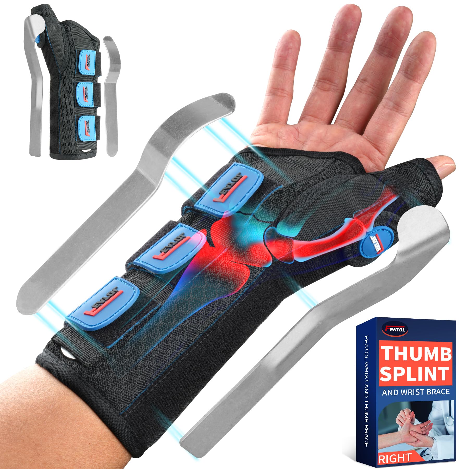 FEATOL Thumb Spica Splint Wrist Brace for De Quervain's & Carpal Tunnel | 2 remo
