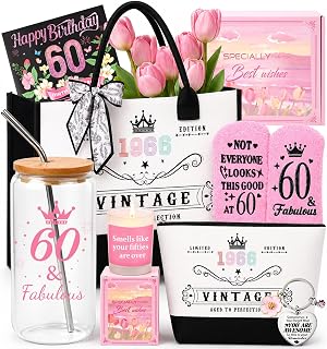 60th Birthday Gifts for Women,Unique 60 Years Old Birthday Include Galss Tumbler with Straw Gifts for Wife Aunt Sister Friends Her,Fashion 1966 Handbag Cosmetic Bag Socks Candle Born in 1966 Card