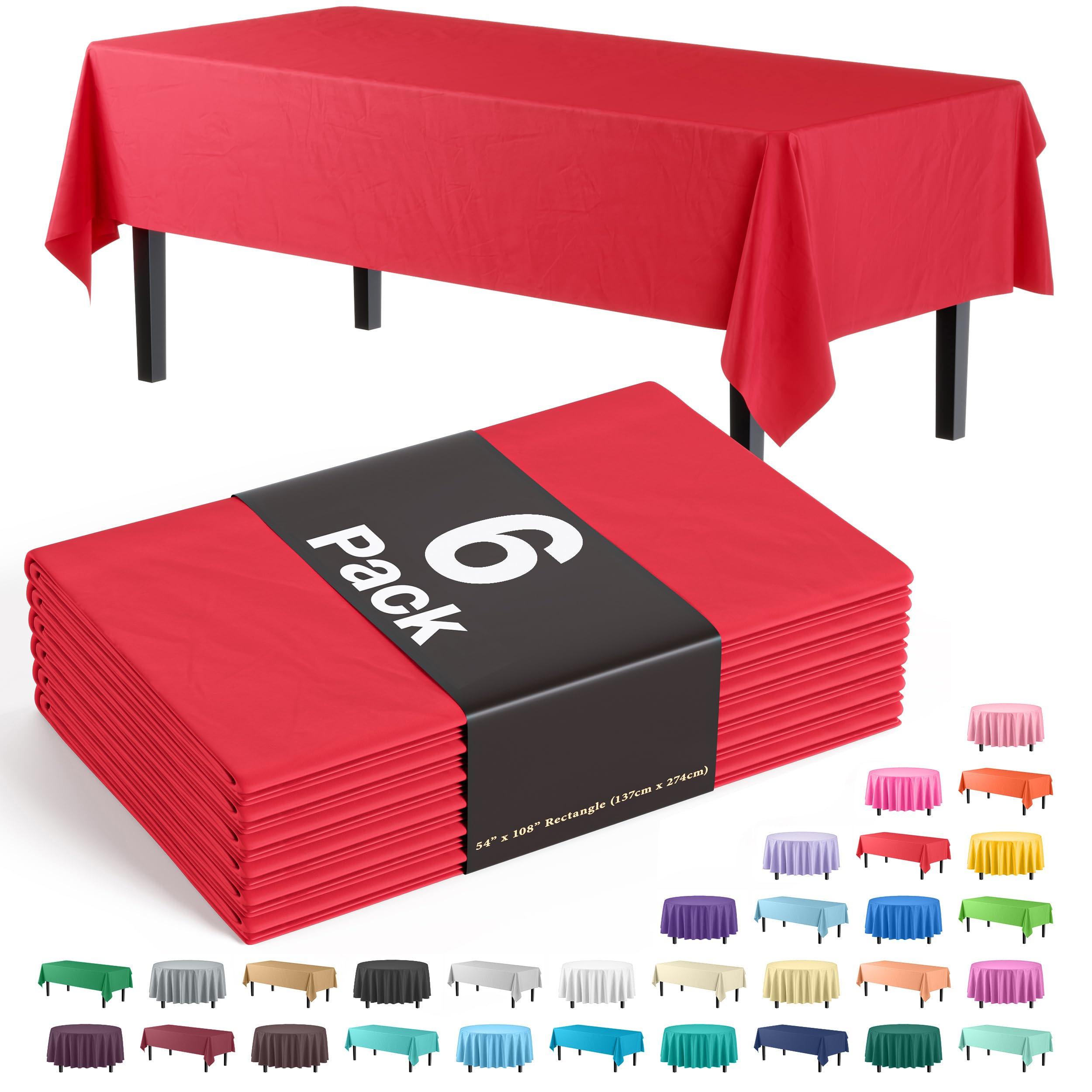 Exquisite Red Plastic Table Cloth Disposable 6 Pack - 54 x 108 Inch Rectangle Ta