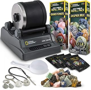 National Geographic Hobby Rock Tumbler Bundle for Kids and Adults | Noise-Reduced Barrel, 2.5 Lbs. Rough Gemstonesr, 4-Stage Grit, GemFoam Polish, Rock Polisher, Geology Hobby